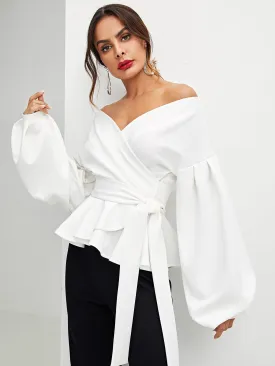 Unity Lantern Sleeve Surplice Belted Peplum Blouse