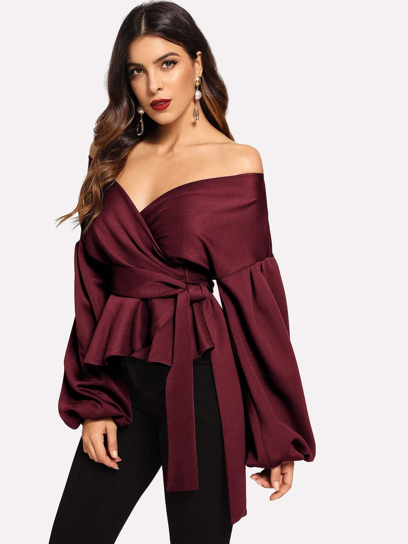 Unity Lantern Sleeve Surplice Belted Peplum Blouse