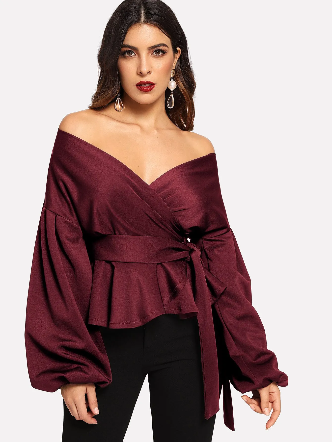 Unity Lantern Sleeve Surplice Belted Peplum Blouse