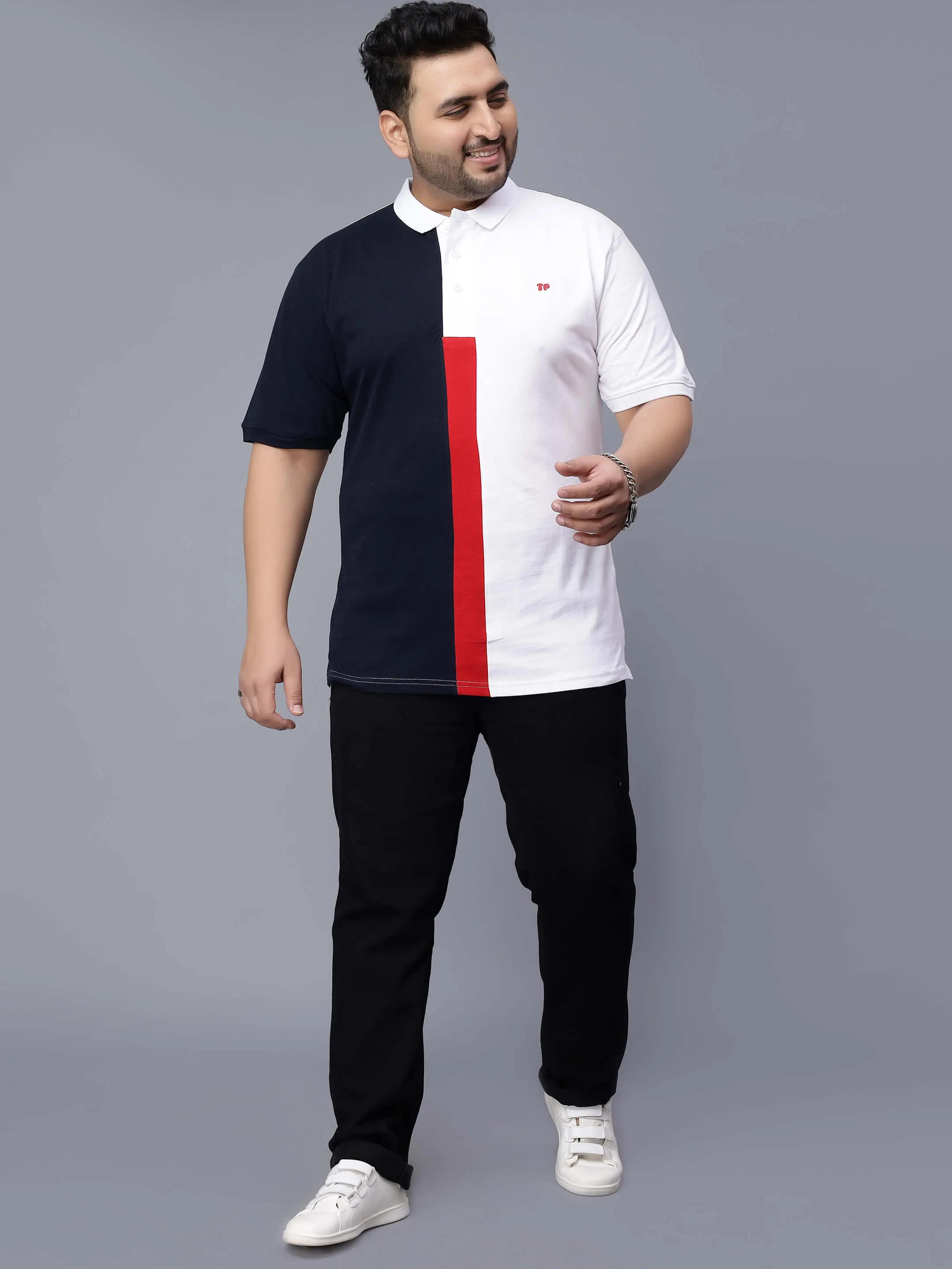 White with Red Striped Plus Size Polo T-shirt