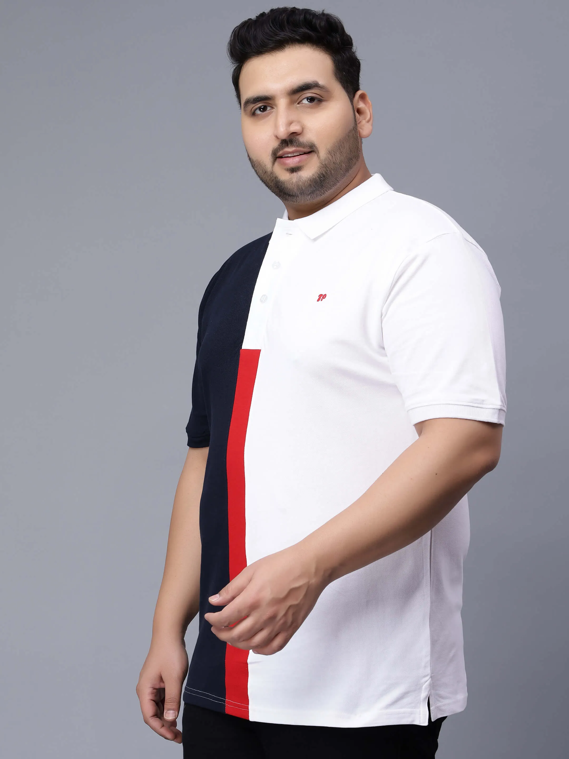 White with Red Striped Plus Size Polo T-shirt