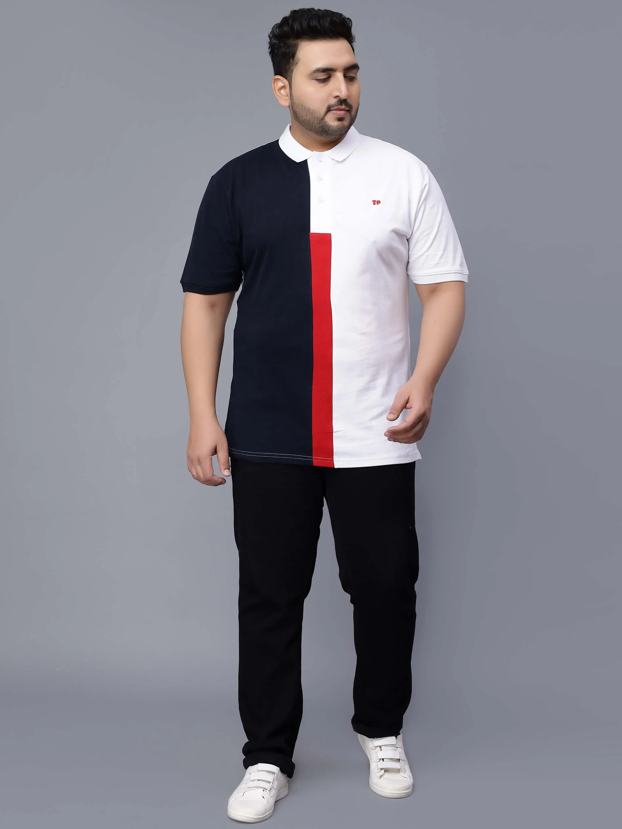 White with Red Striped Plus Size Polo T-shirt